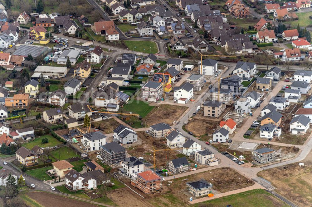 Aerial image Rheinhausen - Construction sites for new construction residential area of detached housing estate on street Keltenweg in Rheinhausen in the state Baden-Wuerttemberg, Germany