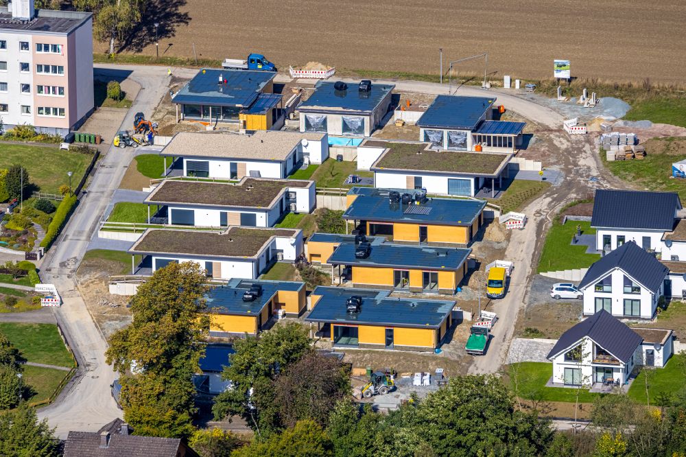 Schmallenberg from above - Construction sites for new construction residential area of detached housing estate on street Waldenburger Strasse in Schmallenberg at Sauerland in the state North Rhine-Westphalia, Germany