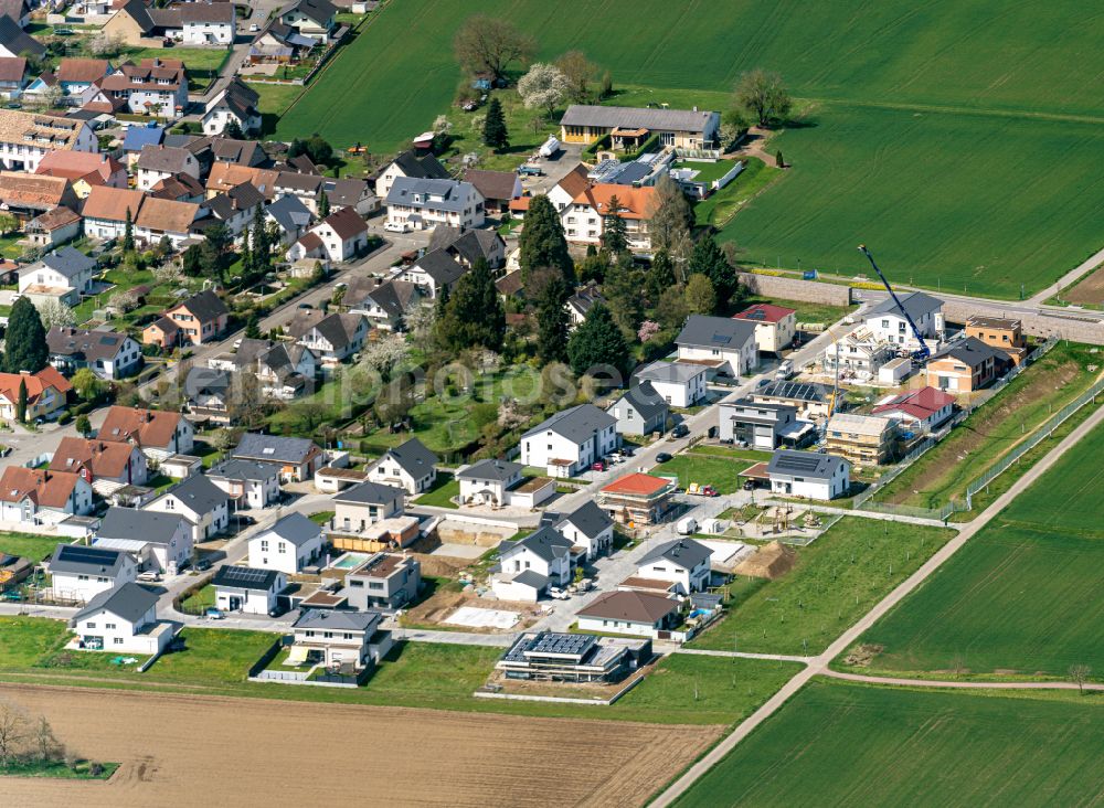 Orschweier from the bird's eye view: Construction sites for new construction residential area of detached housing estate on Schwalbenweg Wiesenstrasse in Orschweier in the state Baden-Wuerttemberg, Germany