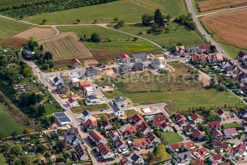 Sexau from the bird's eye view: Construction sites for new construction residential area of detached housing estate in Sexau in the state Baden-Wuerttemberg, Germany