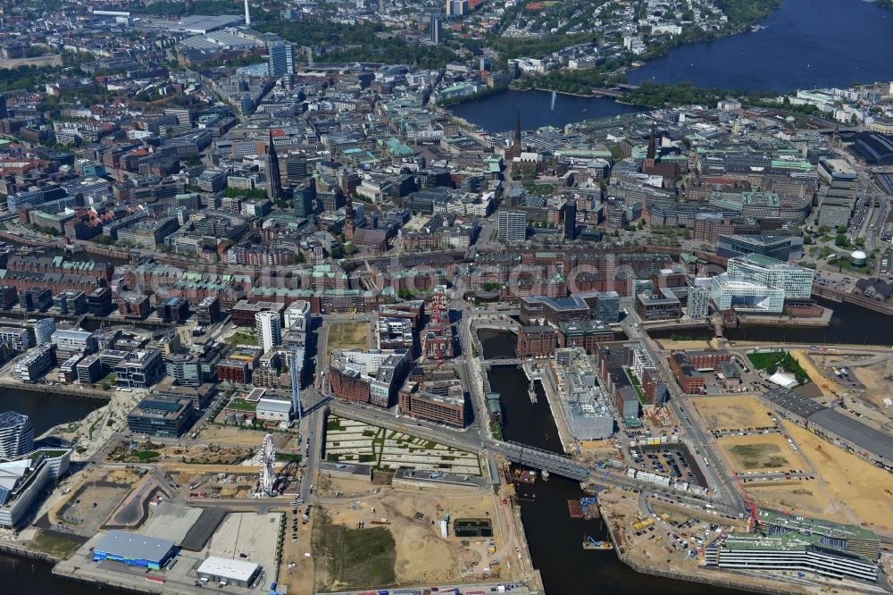 Hamburg from above - Construction sites to redesign and redevelopment of the brain area Brooktorhafen, Überseequartier in HafenCity in Hamburg