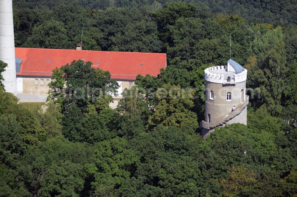 Collm from above - Structure of the observation tower Albertturm at the Collmberg in Collm in the state Saxony. In former times the national survey was made here