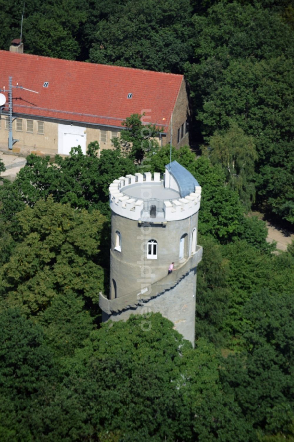 Collm from the bird's eye view: Structure of the observation tower Albertturm at the Collmberg in Collm in the state Saxony. In former times the national survey was made here