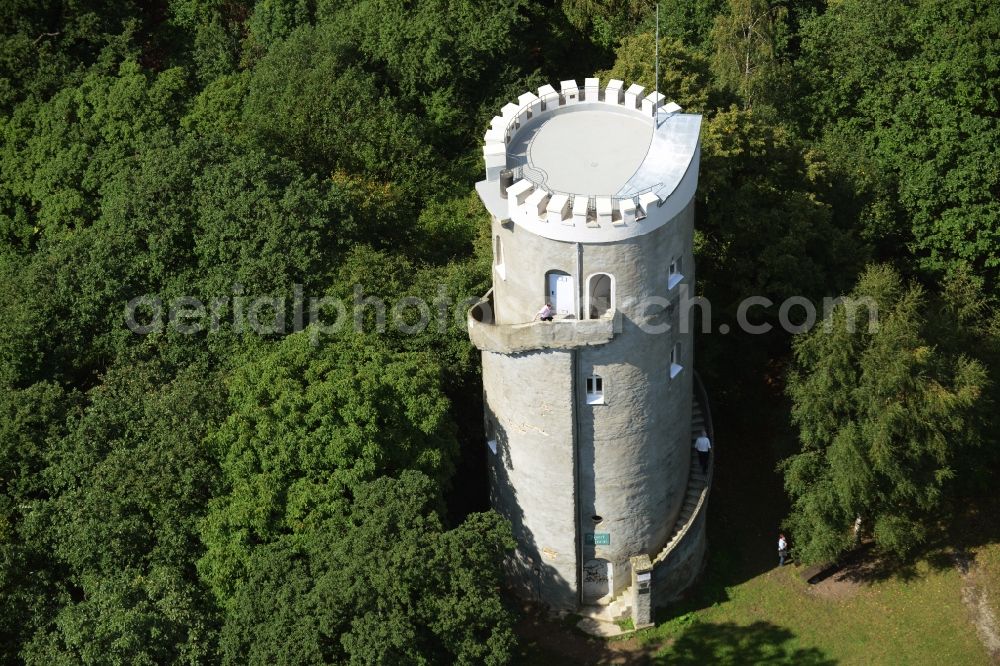 Aerial image Collm - Structure of the observation tower Albertturm at the Collmberg in Collm in the state Saxony. In former times the national survey was made here