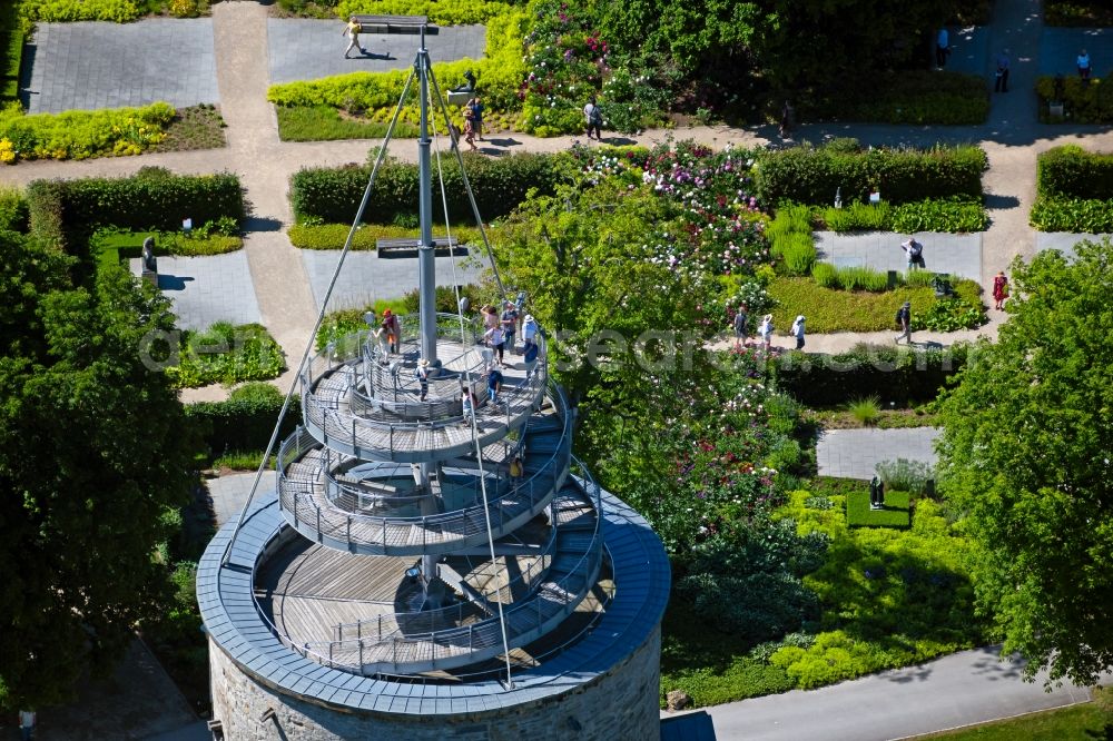 Aerial photograph Erfurt - Structure of the observation tower Aussichtsturm Egapark on the premises of the BUGA 2021 in the egapark in the district Bruehlervorstadt in Erfurt in the state Thuringia, Germany