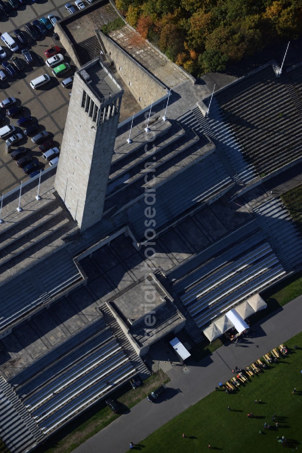 Aerial photograph Berlin - Structure of the observation tower Bell Tower of Berlin Olympic Stadium in Berlin in Germany