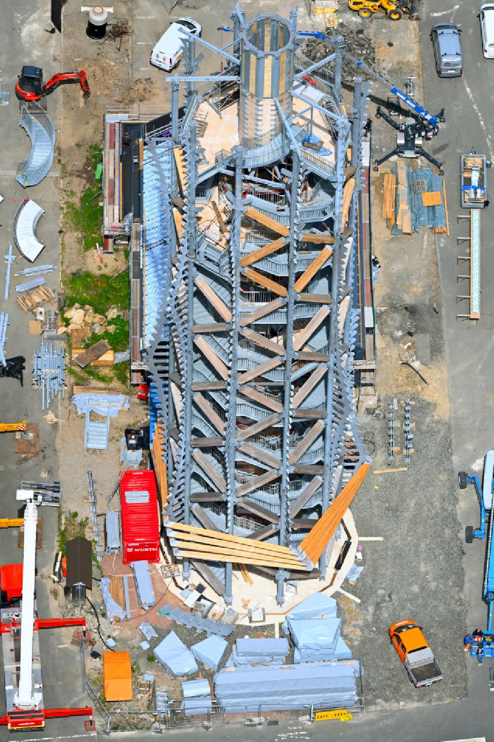 Torfhaus from above - Construction of the new building of the observation tower of Harzturm GmbH in Torfhaus in the Harz in the state Lower Saxony, Germany