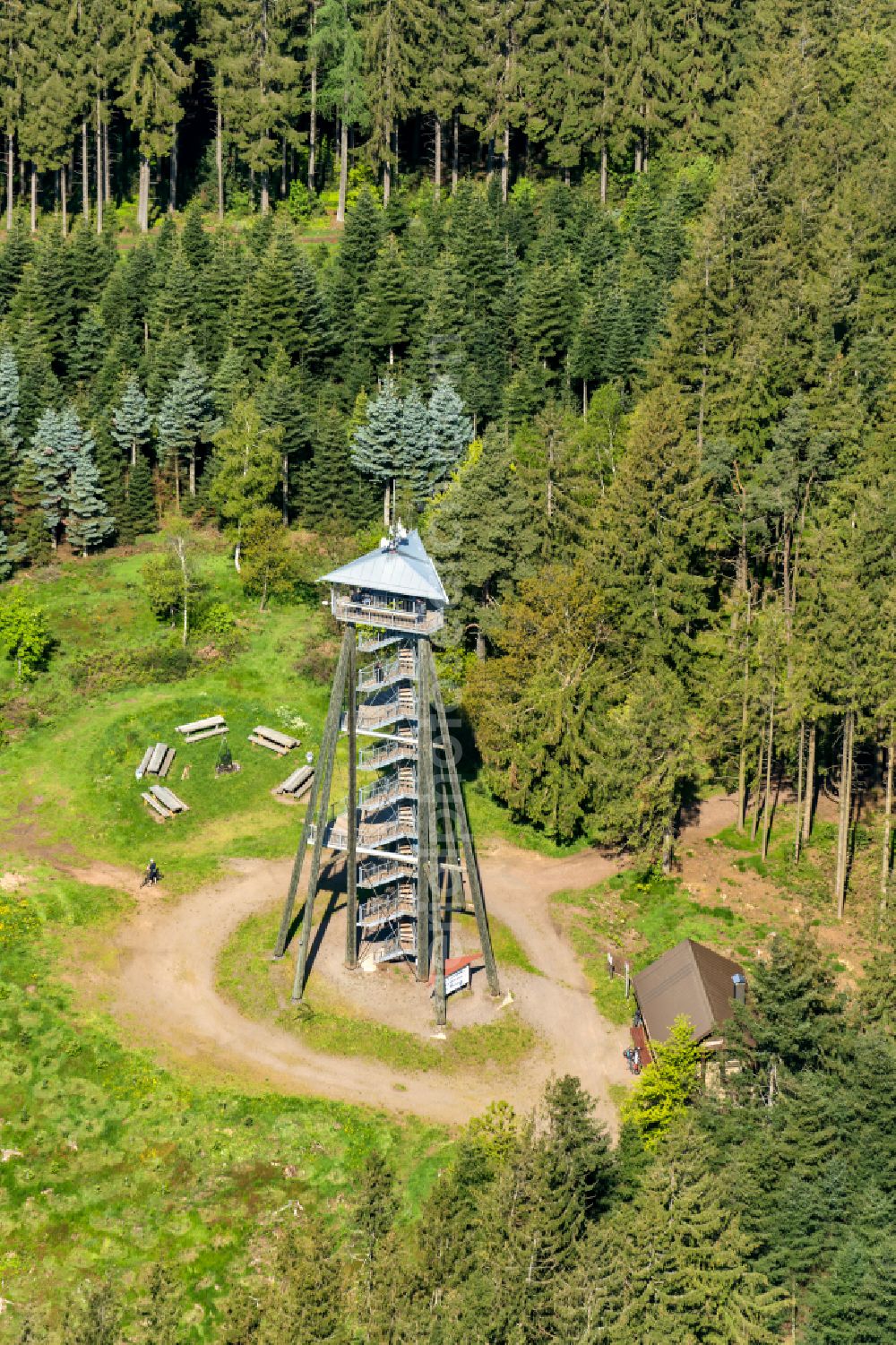 Freiamt from above - Structure of the observation tower Huenersedlturm in Freiamt in the state Baden-Wuerttemberg, Germany
