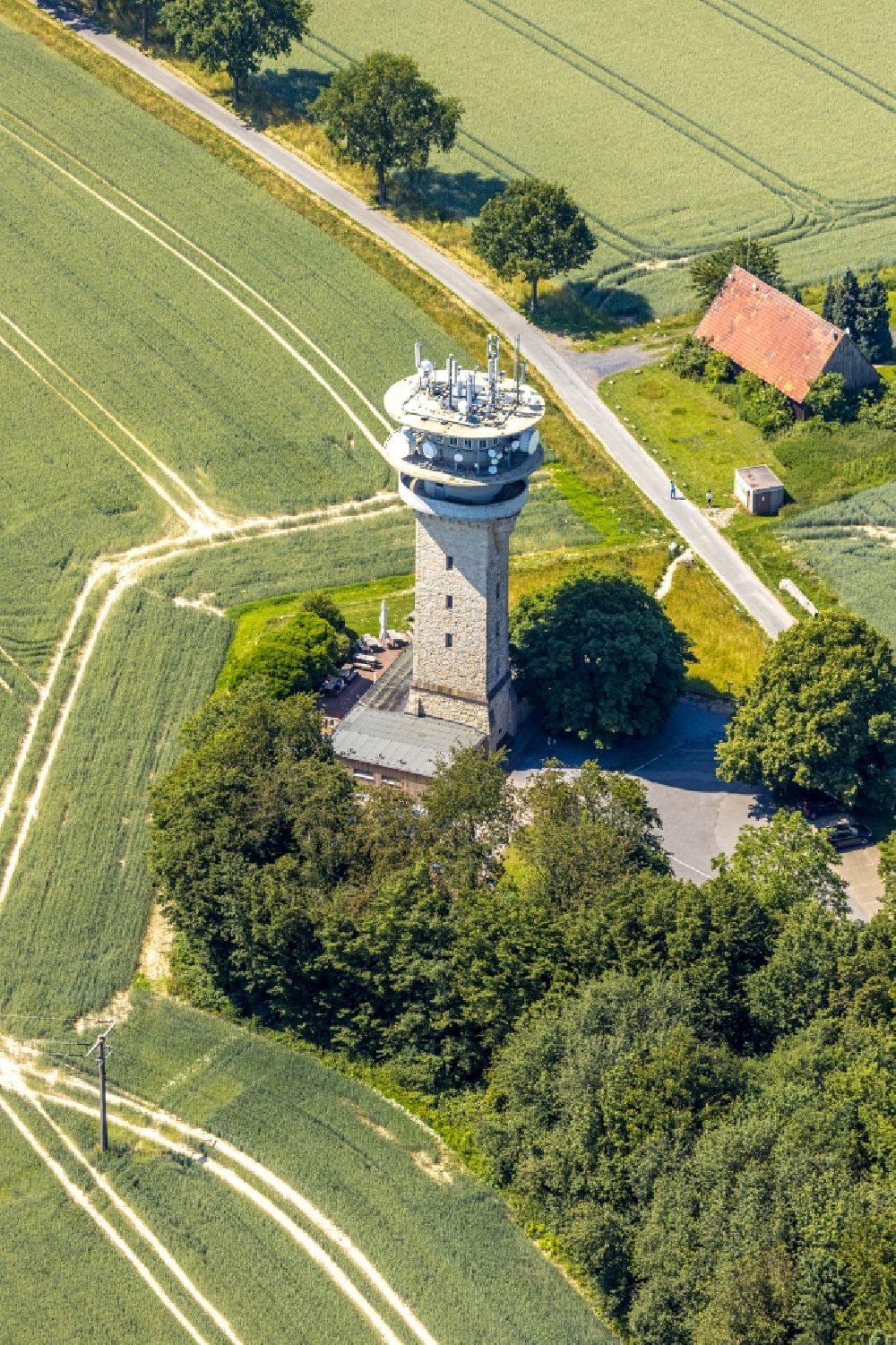 Aerial photograph Nottuln - Structure of the observation tower of Longinusturm on Baumberg in the district Baumberg in Nottuln in the state North Rhine-Westphalia, Germany