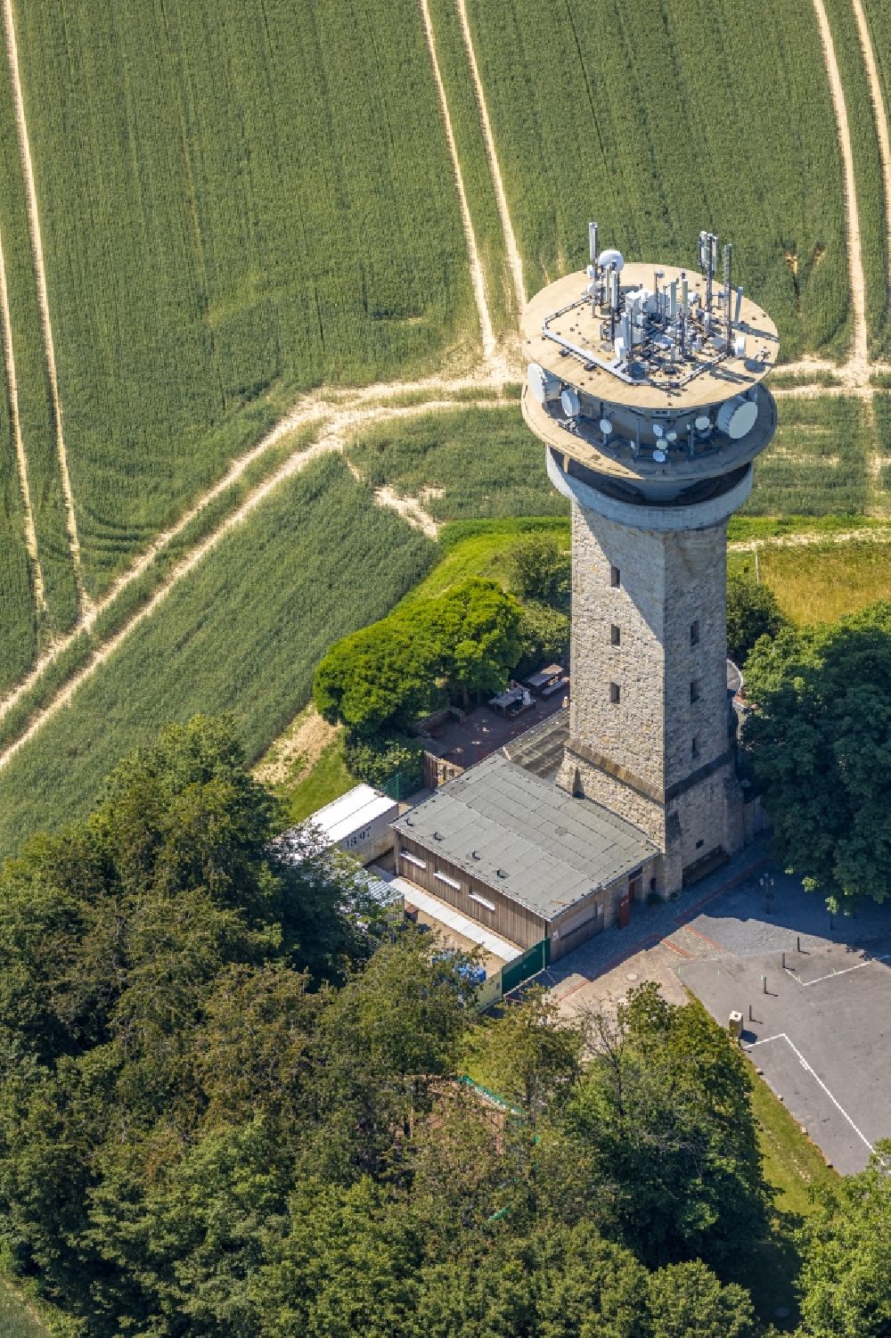 Nottuln from above - Structure of the observation tower of Longinusturm on Baumberg in the district Baumberg in Nottuln in the state North Rhine-Westphalia, Germany