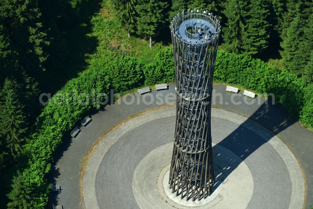 Meschede from above - Structure of the observation tower Loermecke-Turm on Plackweg in Meschede in the state North Rhine-Westphalia, Germany
