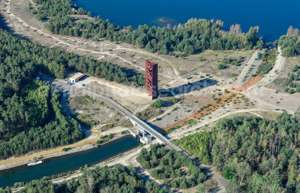 Aerial photograph Großkoschen - Structure of the observation tower Rostiger Nagel on Sornoer Kanal in Grosskoschen in the state Brandenburg, Germany