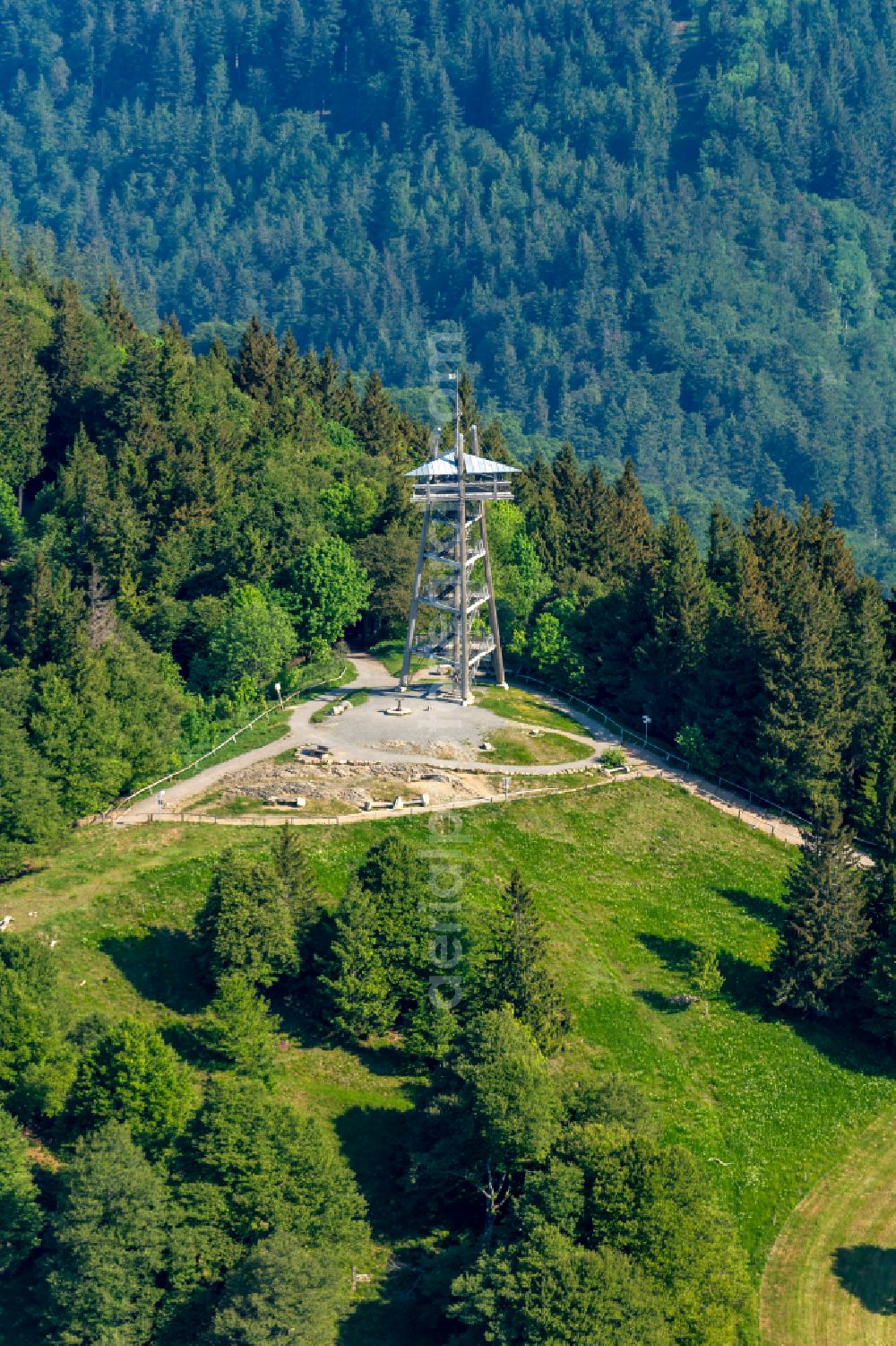 Oberried from above - Structure of the observation tower Schauinsland Turm in Oberried in the state Baden-Wuerttemberg, Germany