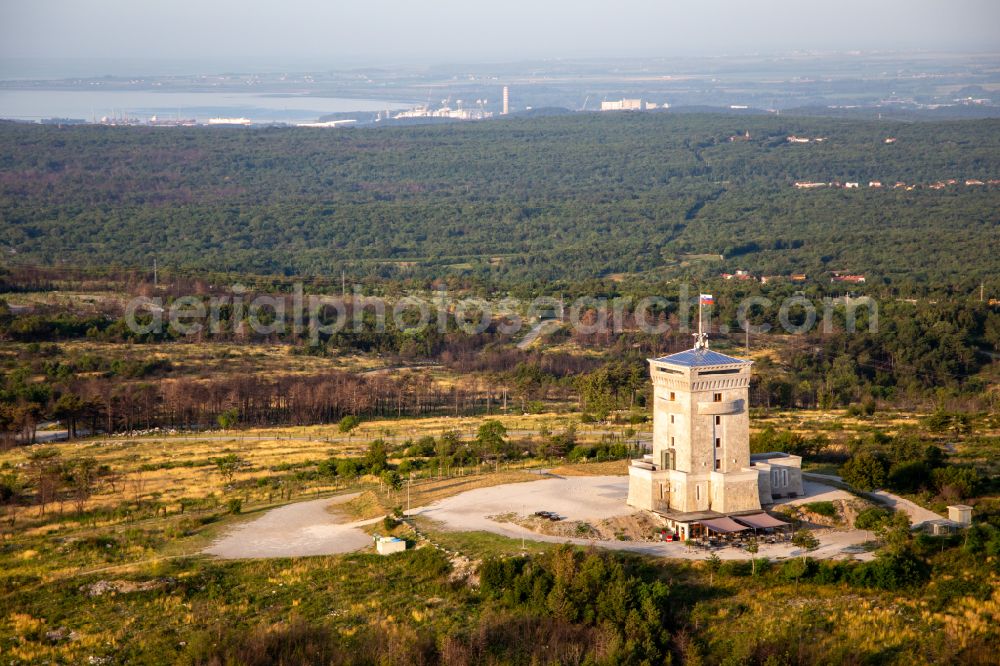 Lokvica from the bird's eye view: Structure of the observation tower Cerje on the hills Drevored hvaleznosti in Lokvica in Nova Gorica, Slovenia