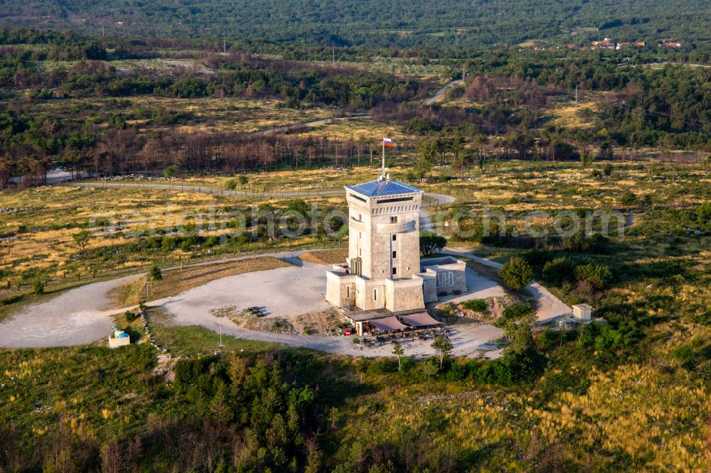 Aerial image Lokvica - Structure of the observation tower Cerje on the hills Drevored hvaleznosti in Lokvica in Nova Gorica, Slovenia