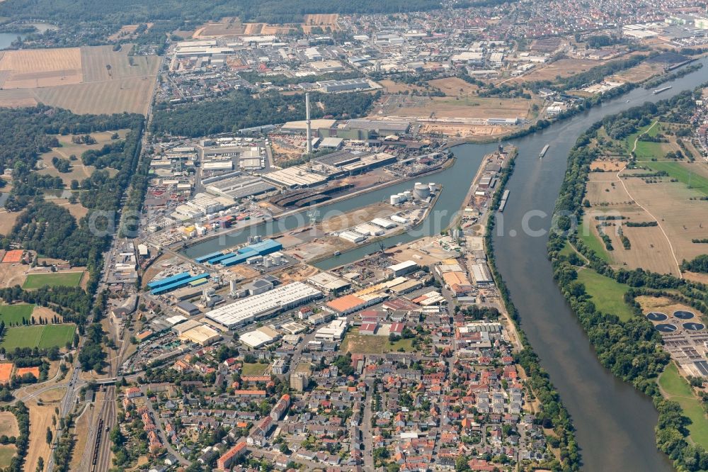 Aschaffenburg from above - Port facilities on the banks of the river course of the in Aschaffenburg in the state Bavaria, Germany