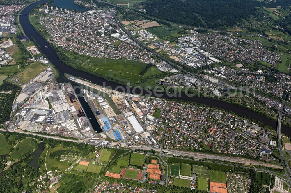 Aerial photograph Aschaffenburg - Port facilities on the banks of the river course of the on street Hafenrandstrasse in Aschaffenburg in the state Bavaria, Germany
