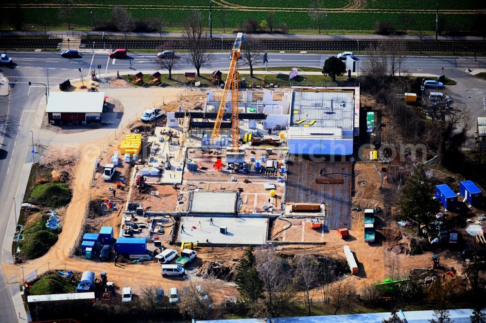 Aerial photograph Erfurt - Building construction site and new construction of a production hall on the premises of the bakery - confectionery Landbaeckerei Thieme GmbH on street Binderslebener Landstrasse in the district Bindersleben in Erfurt in the state Thuringia, Germany
