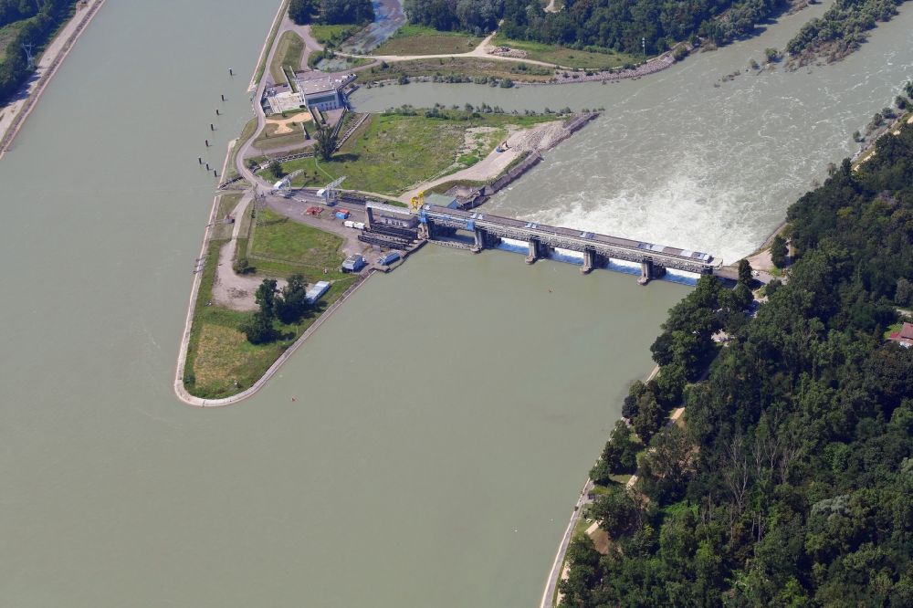 Aerial image Weil am Rhein - At Village-Neuf in France, the Grand Canal d'Alsace begins. The French company EdF operates a small hydro power plant and a fish ladder. Thus, the residual amount of water for the Old Rhine is utilized to produce electricity