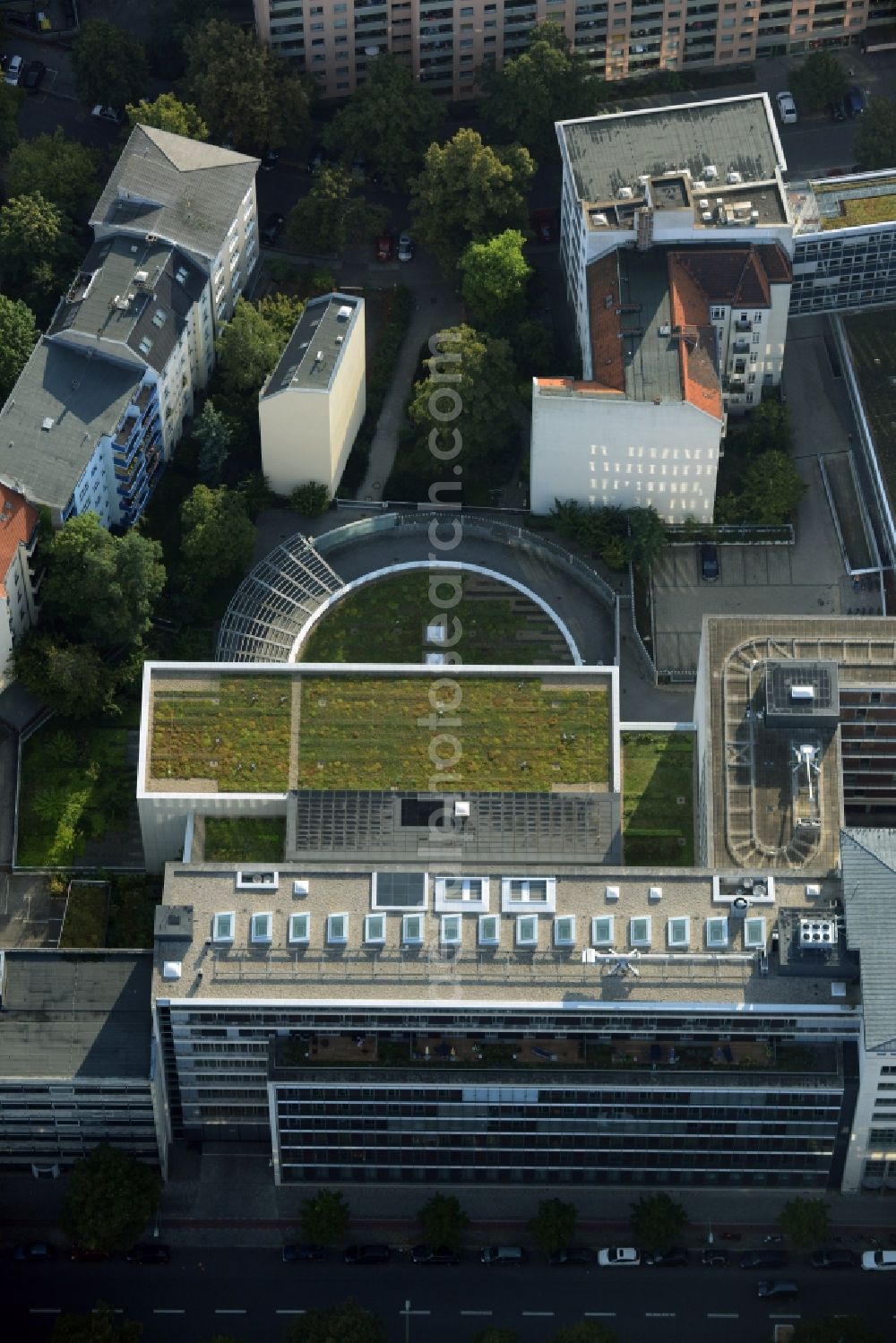 Berlin from the bird's eye view: Green roof of an office building in Leibnizstrasse in the Charlottenburg part of Berlin in Germany