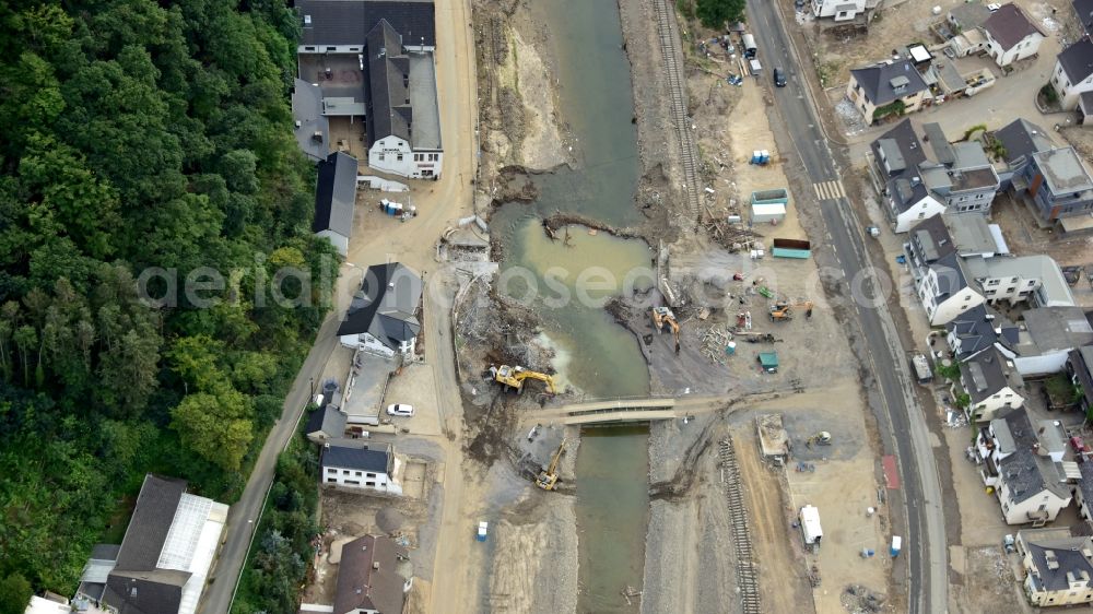 Aerial photograph Dernau - Temporary bridge in Dernau after the flood disaster in the Ahr valley this year in the state Rhineland-Palatinate, Germany. The bridge that was destroyed by the flood has already been removed