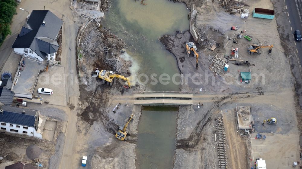Dernau from the bird's eye view: Temporary bridge in Dernau after the flood disaster in the Ahr valley this year in the state Rhineland-Palatinate, Germany. The bridge that was destroyed by the flood has already been removed