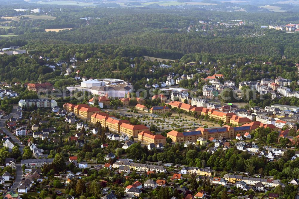 Plauen from the bird's eye view: City administration, authority center and district court as well as office and service industries in the building complex of the former military barracks officers' college (OHS) of the border troops of the GDR on Europaratstrasse in Plauen Vogtland in the state of Saxony