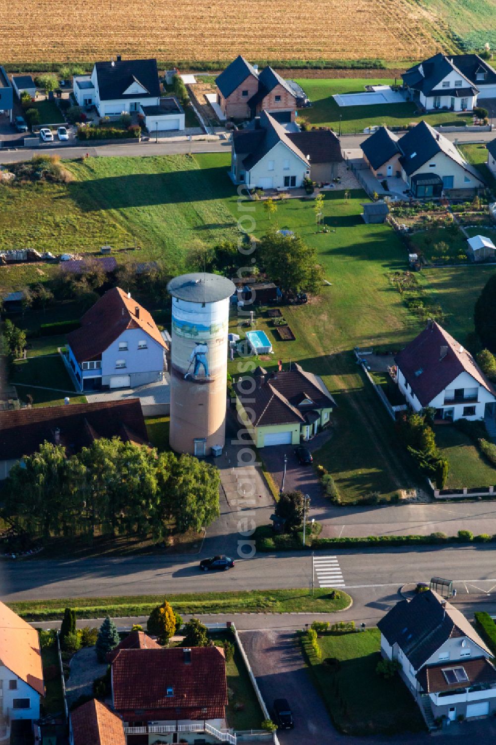 Schoenenbourg from the bird's eye view: Building of decorated water tower in Schoenenbourg in Grand Est, France