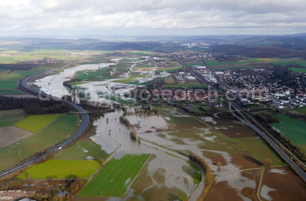 Bovenden from above - Riparian areas and flooded flood meadows due to a river bed leading to flood levels Leine on street L544 in Bovenden in the state Lower Saxony, Germany