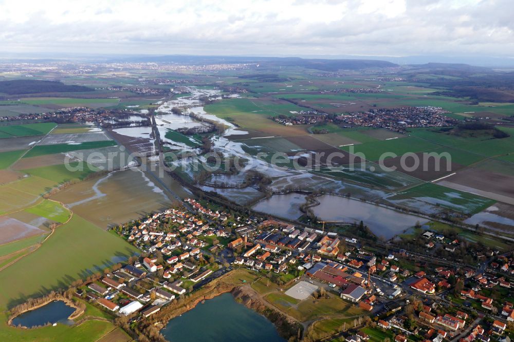 Aerial image Friedland - Riparian areas and flooded flood meadows due to a river bed leading to flood levels Leine on street Heimkehrerstrasse in Friedland in the state Lower Saxony, Germany