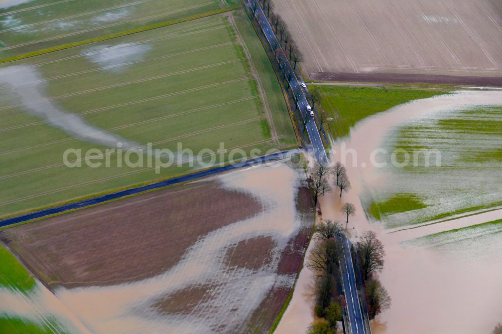 Northeim from above - Riparian areas and flooded flood meadows due to a river bed leading to flood levels Leine on street B241 in Northeim in the state Lower Saxony, Germany