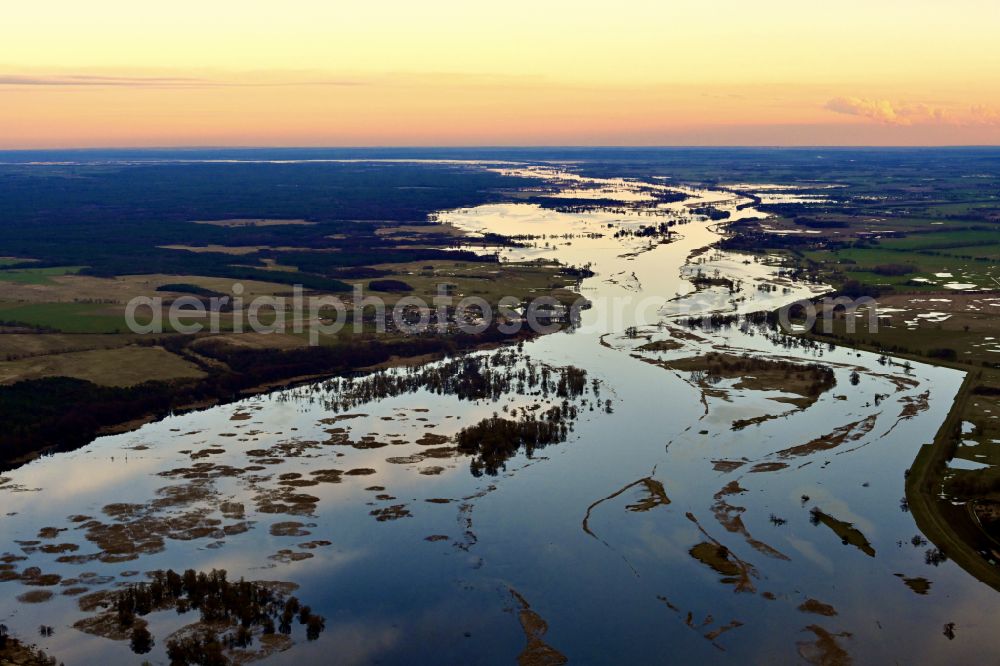 Czelin from above - Riparian areas and flooded flood meadows due to a river bed leading to flood levels of Oder on street Droga bez nazwy in Czelin in West Pomeranian, Poland