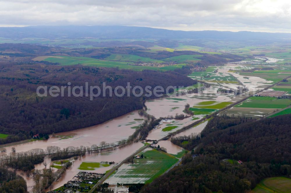 Northeim from above - Riparian areas and flooded flood meadows due to a river bed leading to flood levels Rhume on street Harztor in Northeim in the state Lower Saxony, Germany