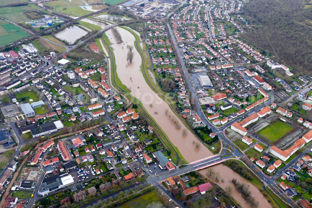 Northeim from the bird's eye view: Riparian areas and flooded flood meadows due to a river bed leading to flood levels Rhume on street Am Schlinganger in Northeim in the state Lower Saxony, Germany