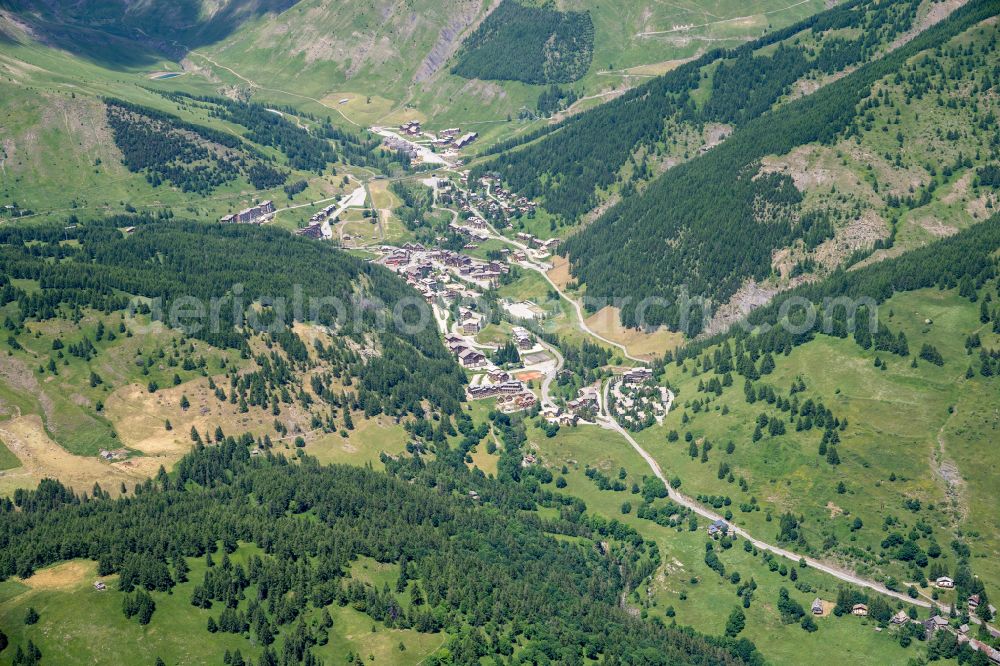 Aerial image Allos - Village - view on the edge of forested areas in Allos in Provence-Alpes-Cote d'Azur, France