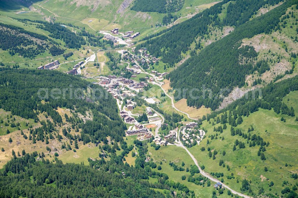 Aerial photograph Allos - Village - view on the edge of forested areas in Allos in Provence-Alpes-Cote d'Azur, France