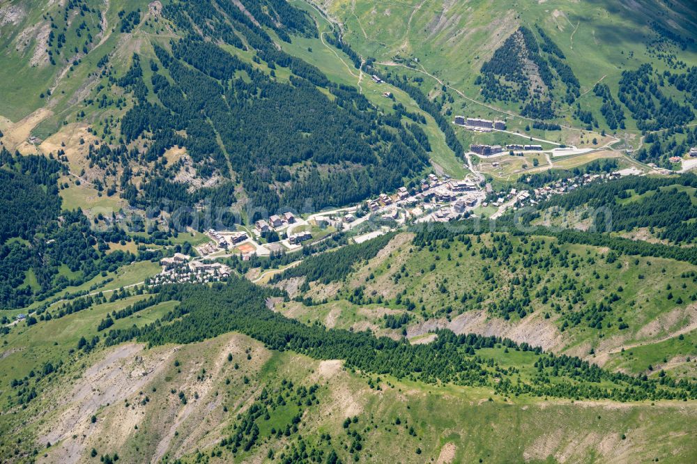 Allos from above - Village - view on the edge of forested areas in Allos in Provence-Alpes-Cote d'Azur, France
