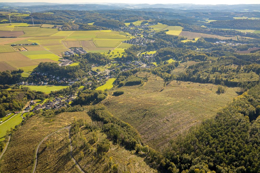 Volkringhausen from above - Valley landscape surrounded by mountains in Volkringhausen at Sauerland in the state North Rhine-Westphalia, Germany