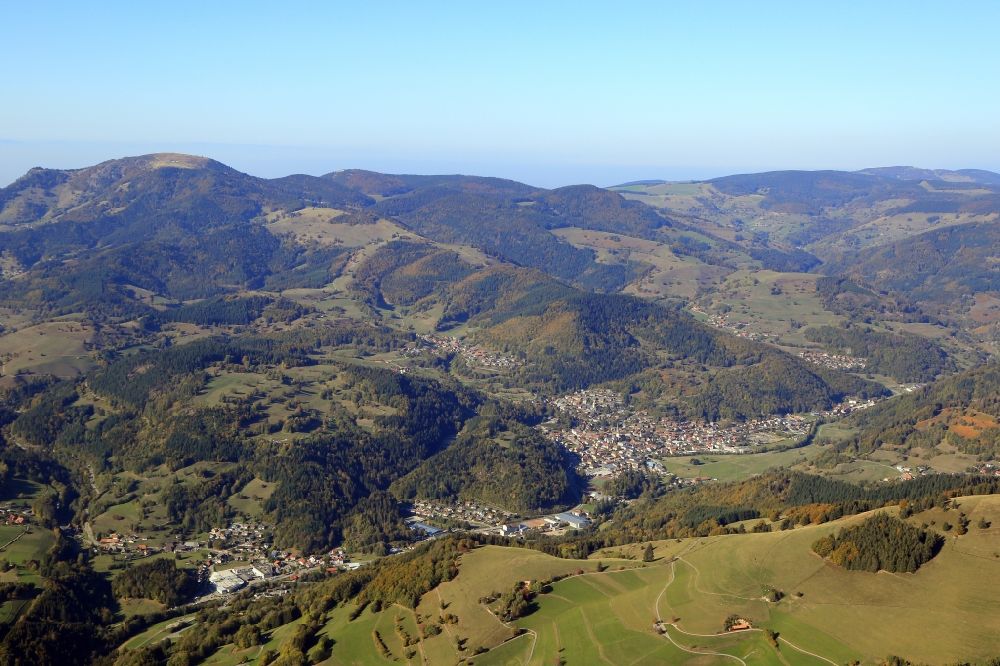 Schönau im Schwarzwald from above - Landscape in the Black Forest and town Schoenau in the valley of the river Wiese in the state Baden-Wurttemberg. Schonau is the birthplace of national coach Jogi Loew