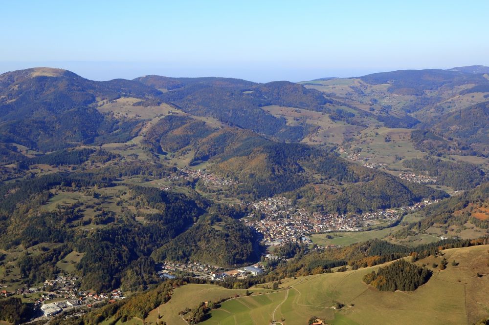 Aerial image Schönau im Schwarzwald - Landscape in the Black Forest and town Schoenau in the valley of the river Wiese in the state Baden-Wurttemberg. Schonau is the birthplace of national coach Jogi Loew