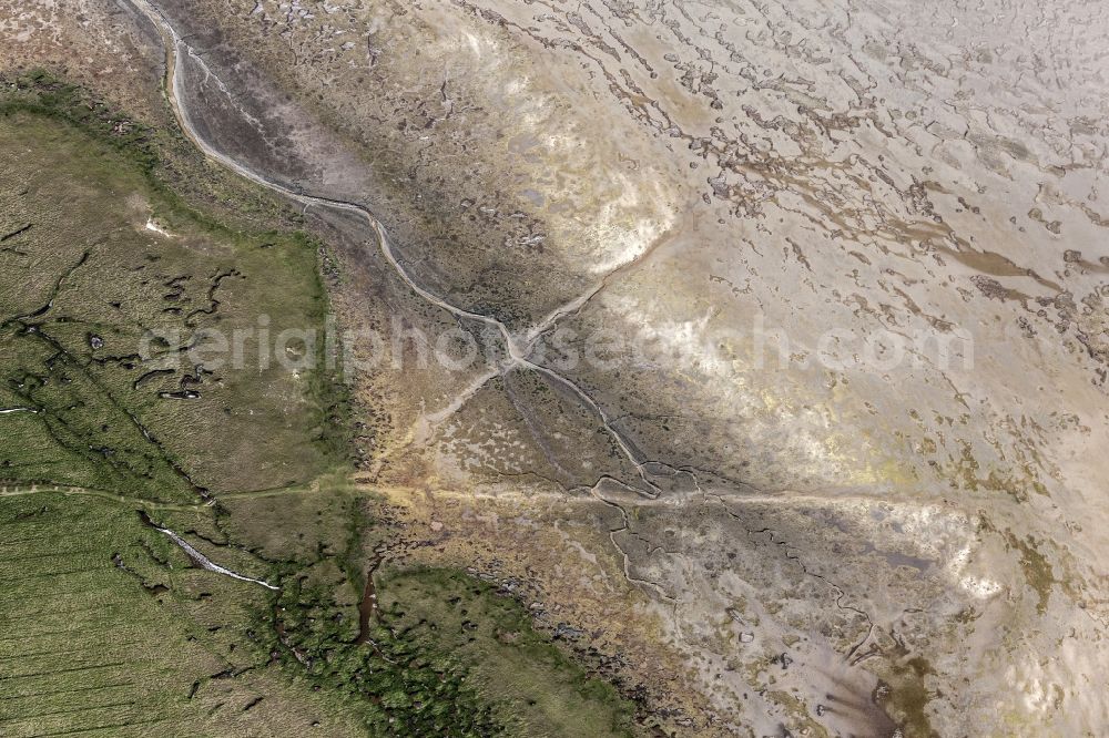 Aerial image Westerhever - Crossing between salt meadows and sandy bank to the west Westerhever in the federal state Schleswig-Holstein