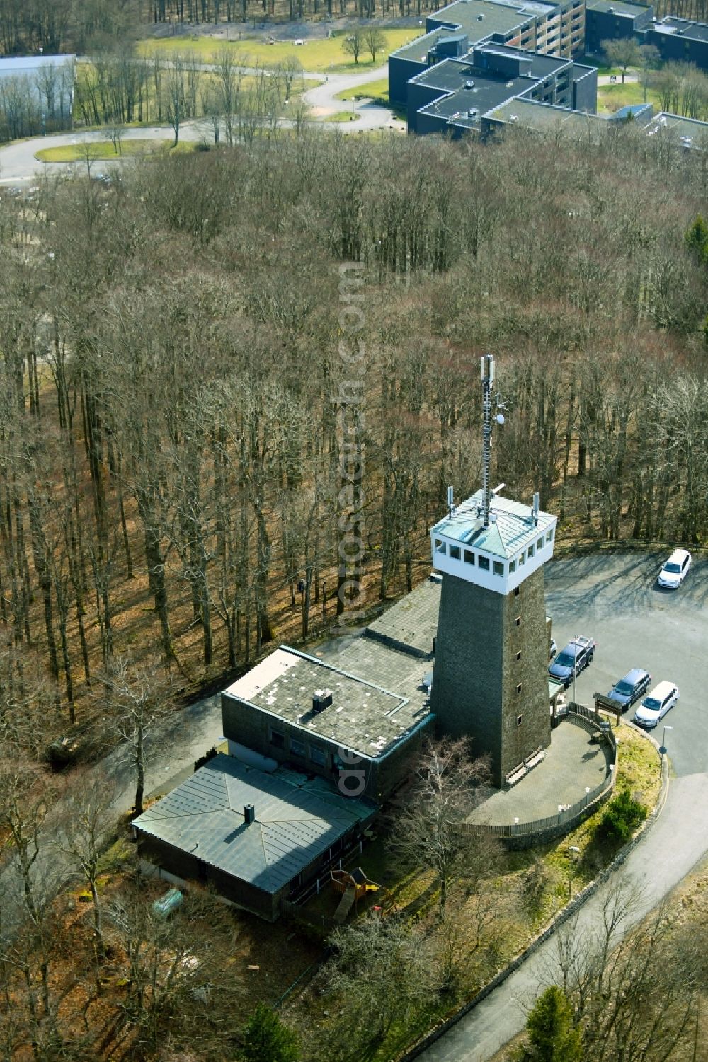 Roth from above - Building of the mountain inn Rother Kuppe and observation tower in Roth in the state Bavaria, Germany