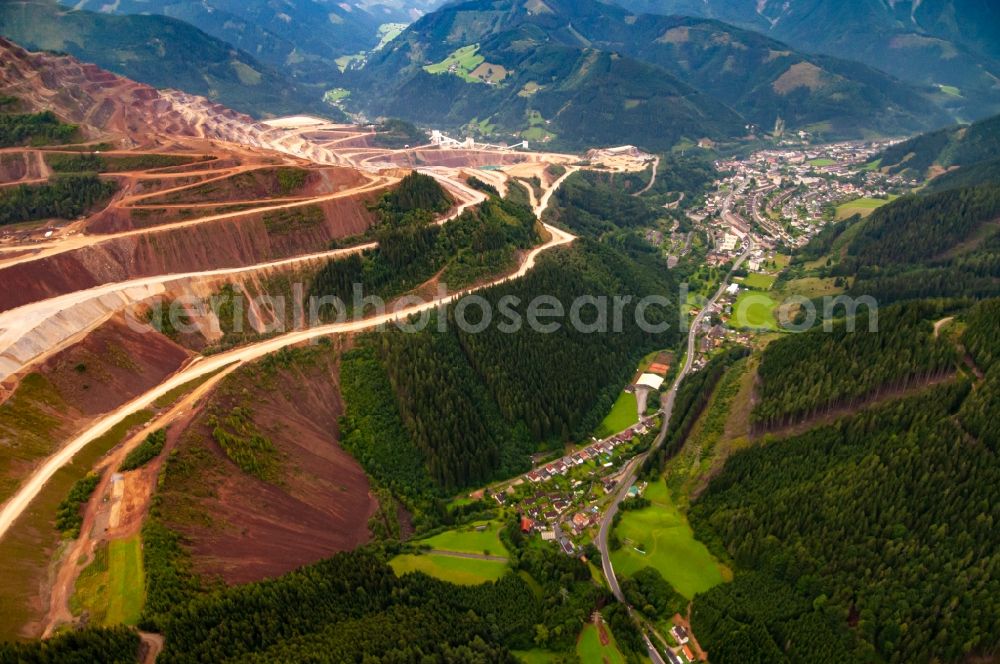 Eisenerz from the bird's eye view: Layers of a mining waste dump Erzberg in Eisenerz in Steiermark, Austria