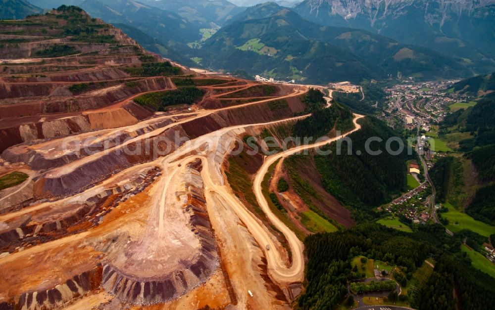 Aerial image Eisenerz - Layers of a mining waste dump Erzberg in Eisenerz in Steiermark, Austria