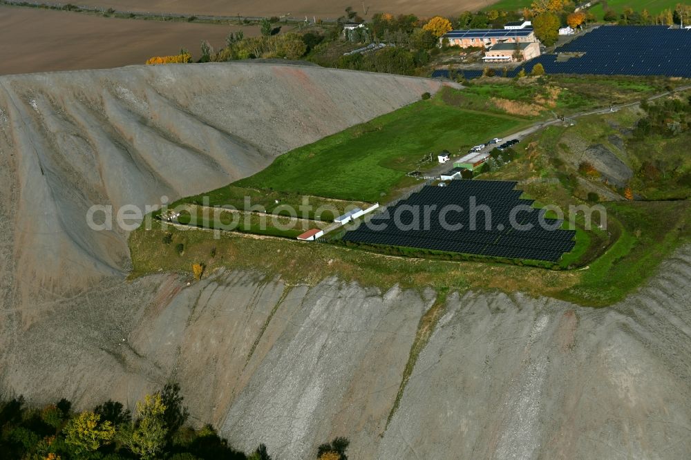 Gerbstedt from above - Layers of a mining waste dump of Otto-Brosowski-Schacht Mining in Gerbstedt on Mansfelder Land in the state Saxony-Anhalt, Germany