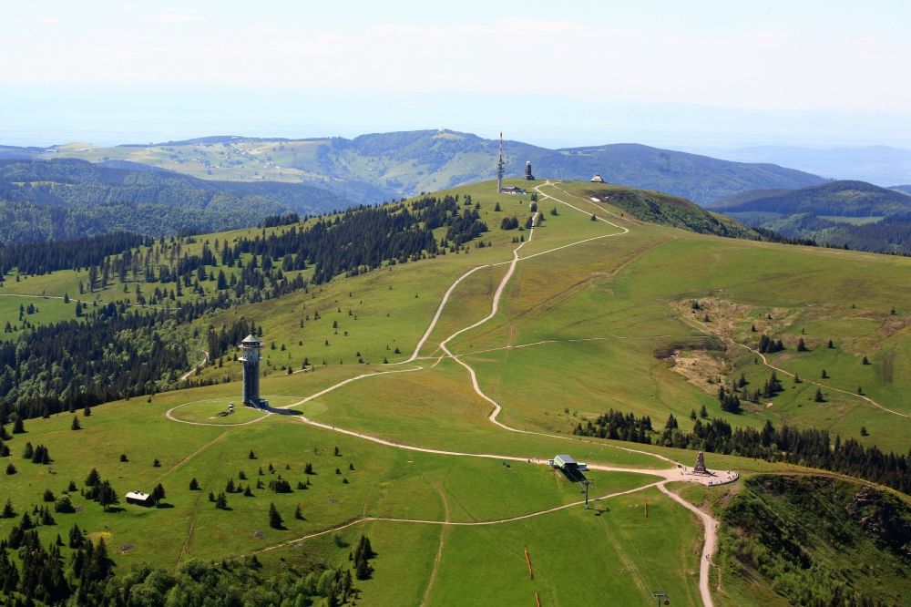 Feldberg (Schwarzwald) from above - Mountaintop and summit region of Feldberg in the Black Forest in the town of Feldberg in the state of Baden- Wuerttemberg. On the ridge, you find the Bismarck Memorial on the Seebuck, the top station of the cable car, the Feldberg tower and the broadcast tower