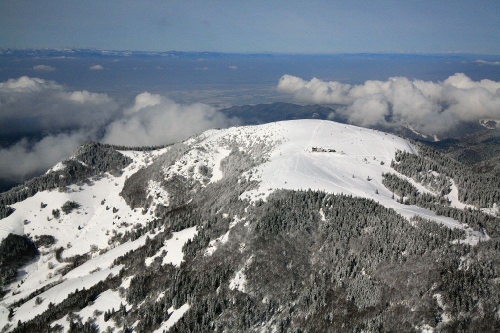 Aerial photograph Aitern - Snow covered summit of the mountain Belchen in the Black Forest in Aitern in the state Baden-Wuerttemberg