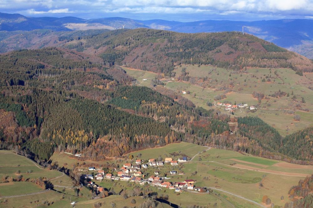 Aerial image Zell im Wiesental - Mountainous landscape at the district Adelsberg in Zell im Wiesental in the Black Forest in the state Baden-Wurttemberg, Germany