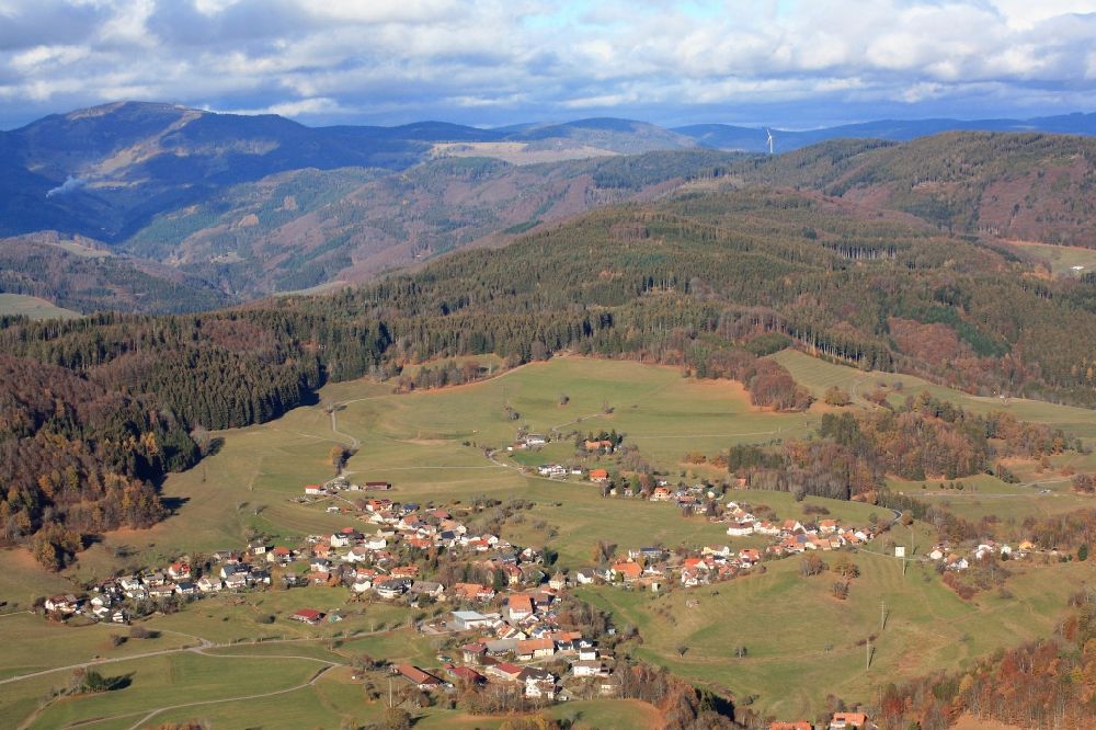 Zell im Wiesental from above - Mountainous landscape at the district Gresgen in Zell im Wiesental in the Black Forest in the state Baden-Wurttemberg, Germany