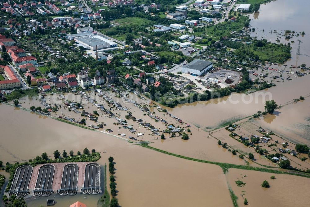 Riesa from the bird's eye view: Flooding due to high water on the North and South shore of the Elbe river at the city of Riesa in the state of Saxony. Affected are farms, industrial buildings and residential areas